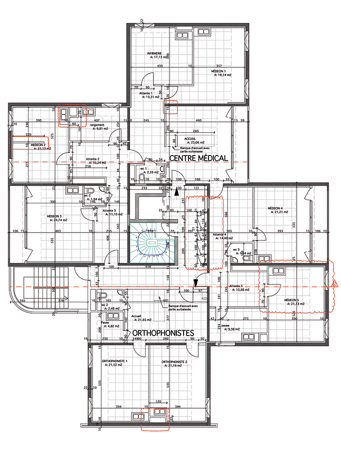 Plan étage courant - Reconversion d'un immeuble de logements en centre médical