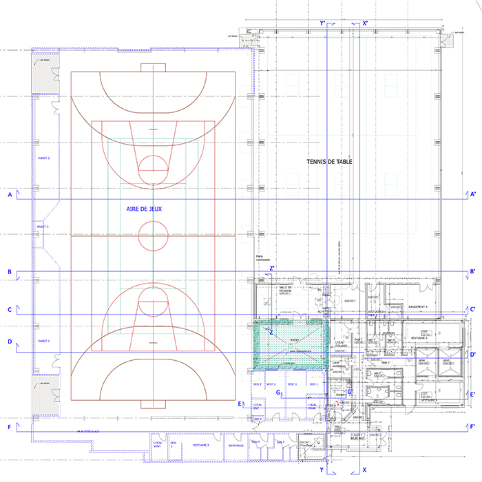 Plan de la construction et de l'extension - Gymnase Descartes, Construction & extension d'une salle multisports