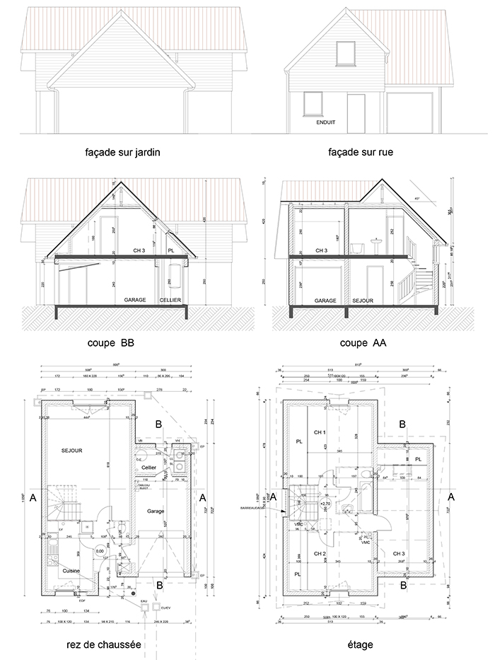 Plan et façades des logements T4 - Résidence senior de 20 pavillons adaptés & un lieu de vie