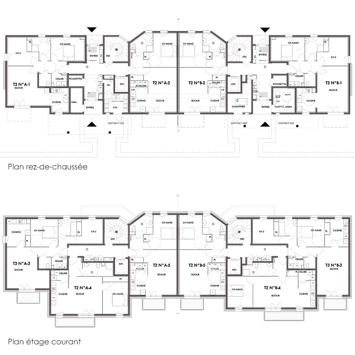 Plan rez-de-chaussée et étage courant - 22 logements collectifs BBC