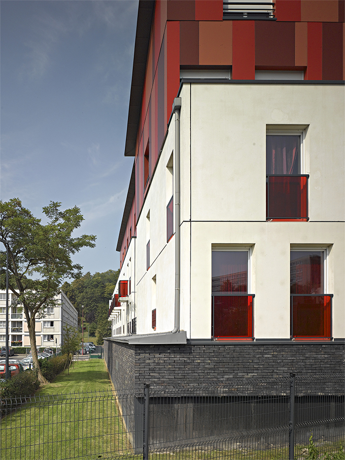 Détail de la façade - Briques à joints vifs - Résidence Europe, 54 logements collectifs THPE